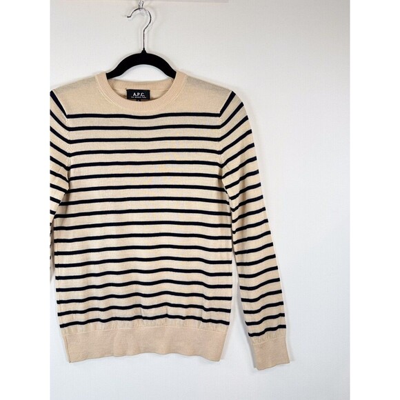 APC Womens Sweater Beige Striped Wool Crewneck Pullover Long Sleeve Jumper Small - Picture 6 of 11